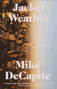 Animated version of the cover of JACKET WEATHER by Mike DeCapite, depicting a sideways skyline of NYC, and the title and author name crumpling into leaflike shapes that blow away