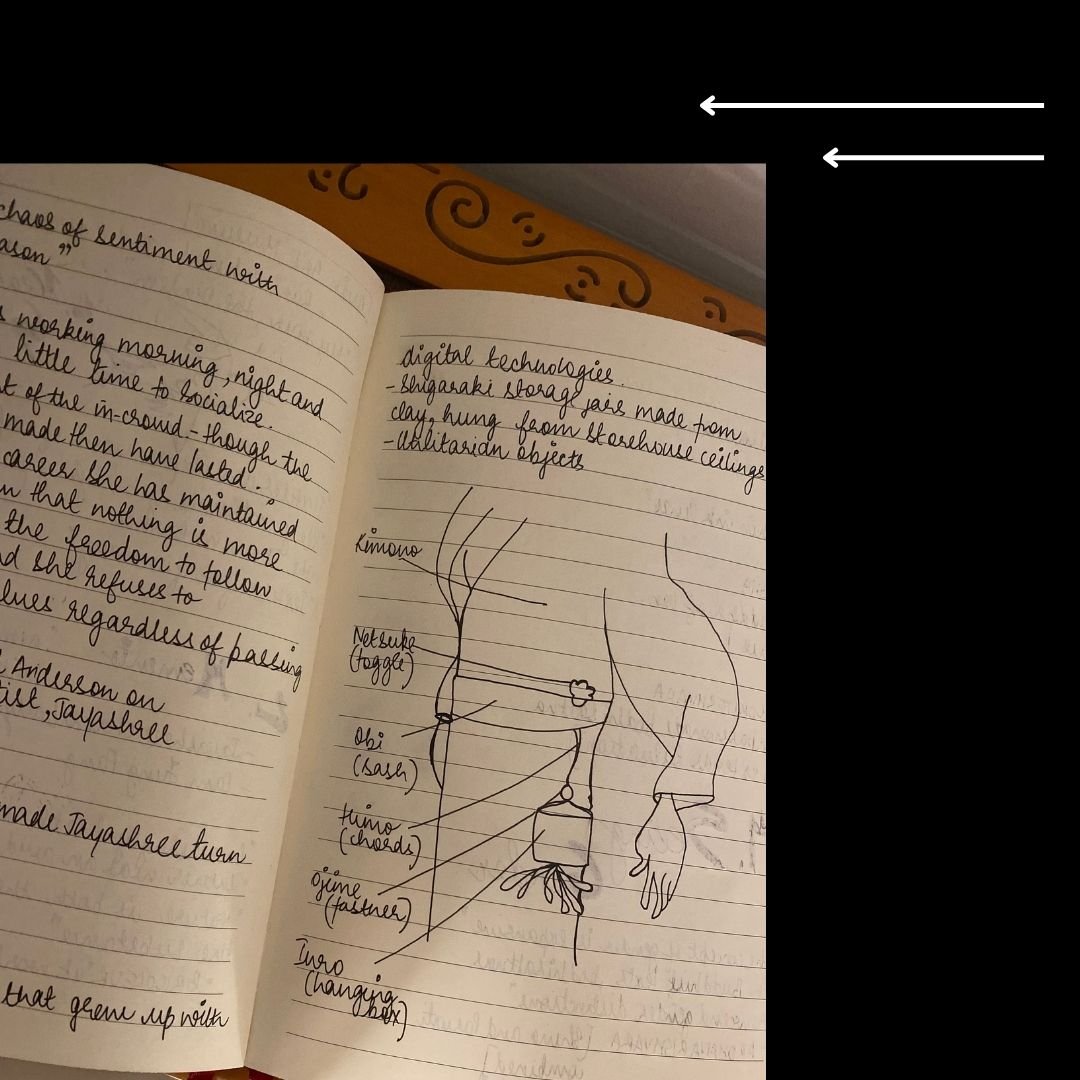 This photograph shows a couple of pages of the author's notebook, including a drawing of someone's torso