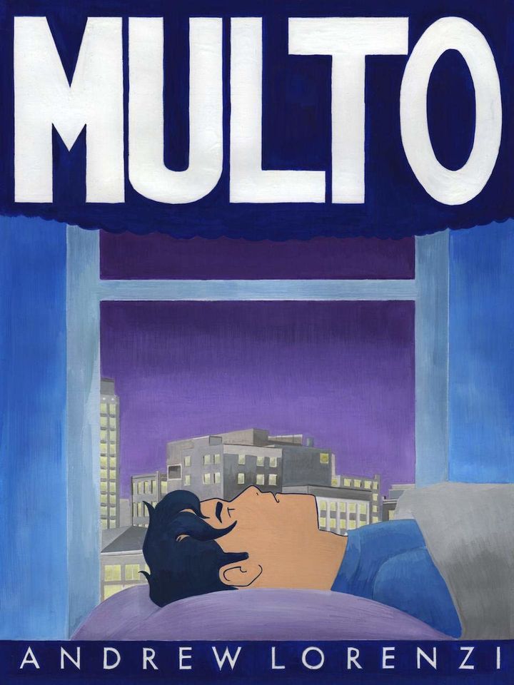 The cover of Lorenzi's book Multo. On the cover, cartoon Lorenzi is lying in bed looking straight up. Outside is a cityscape and the sky is deep purple. Above Lorenzi hovers the word "MULTO" in a deep blue cloud. It's very dream-like.