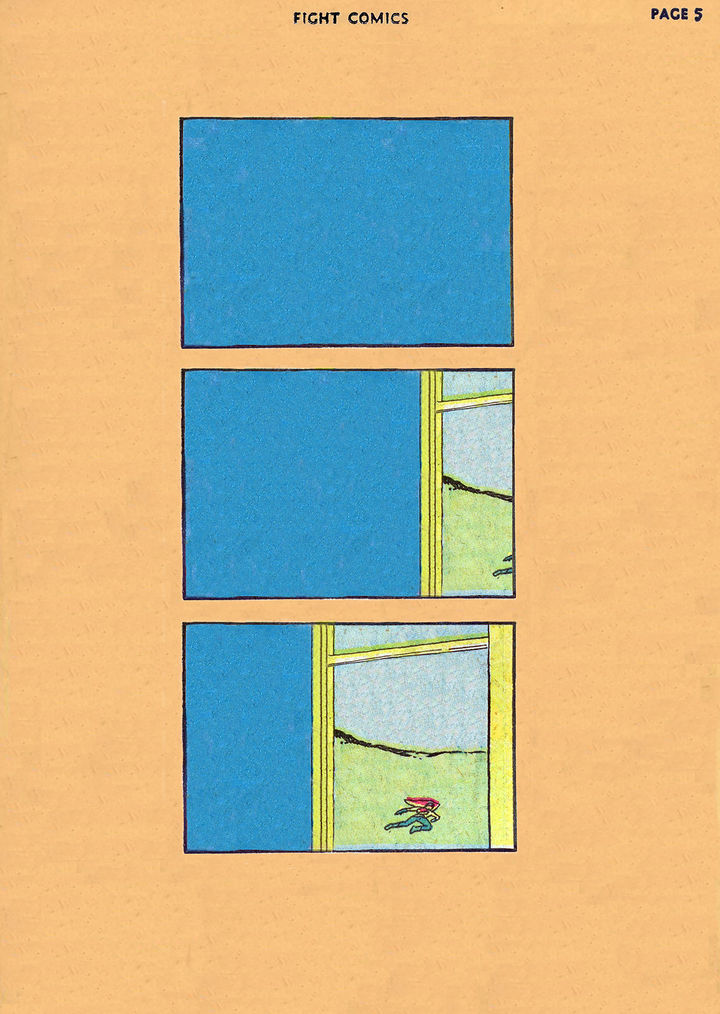 Comic with three panels stacked vertically. The first panel is just a blue rectangle. The second panel is mostly blue with the edge of a window in the corner. In the last panel, the full window is revealed to show a person with a red cape running passed in a field.  