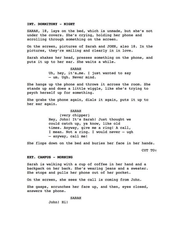 This shows a basic screenplay page, which includes all of the elements the author describes lower in the article