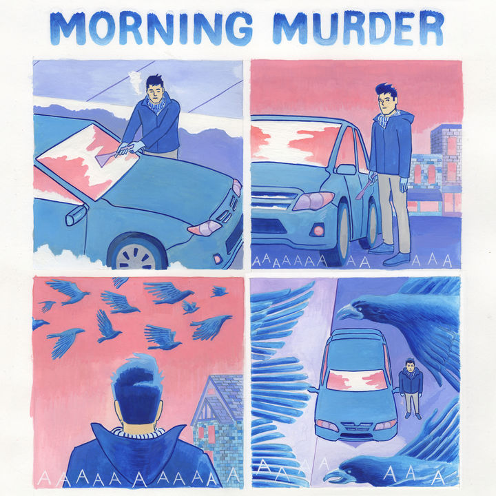 This is the full comic the header image of the interview is an excerpt of. In the full version "Morning Murder" is written across the top and Lorenzi is cleaning his windshield. "AAAAAAAA" is written in the second panel to represent the crows' calls, before he looks up and sees the crows above him. Its an eerie comic, but the colors are bright and playful.