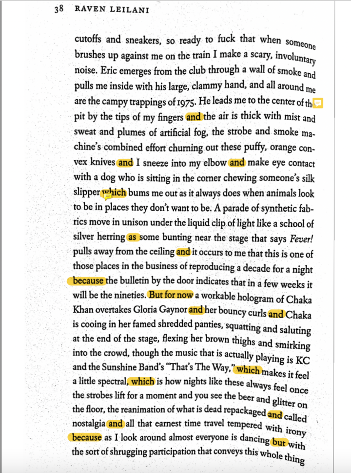 Page 38 of Raven Leilani's LUSTER, with conjunctions highlighted