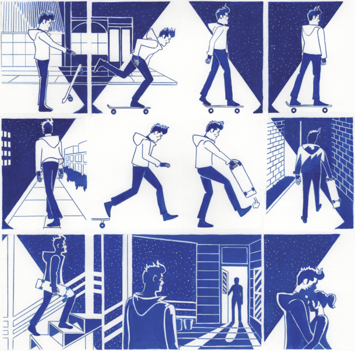 This is an excerpt of a silent comic by Lorenzi. It is painted dark blue on white paper. In the first eight frames Lorenzi is skateboarding down a sidewalk. It appears to be night because there is a bright streetlight shining down on him. The light travels across multiple panels and is represented by just the white of the paper. in the final row of comic panels, Lorenzi arrives home and sees his partner, Lauren, in the doorway waiting for him. In the final from they are hugging. 