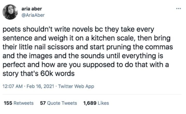 This screenshot of a tweet from Aria Aber (@AriaAber) reads: "poets shouldn't write novels bc they take every sentence and weigh it on a kitchen scale, then bring their little nail scissors and start pruning the commas and the images and the sounds until everything is perfect and how are you supposed to do that with a story that's 60k words"