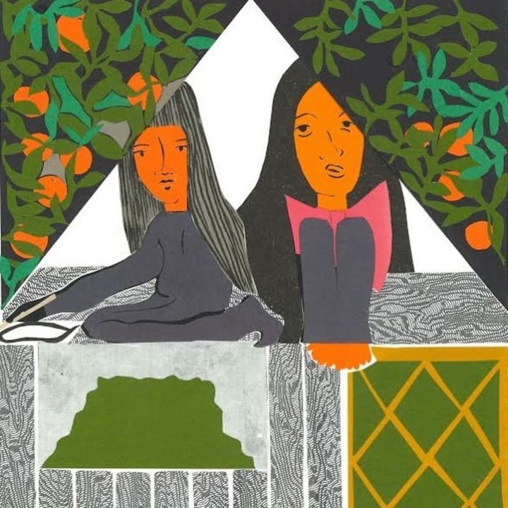 A bright illustration of two women looking through a cramped space in the attic of a small house, surrounded by branches holding oranges. 